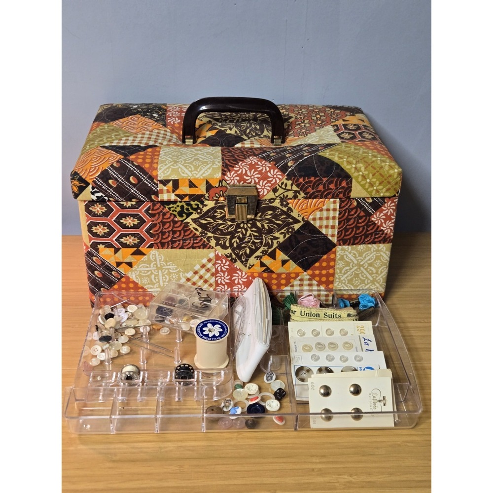 Retro 1970s Quilted Patchwork Print Sewing Box with Organizer Tray. Contents Inc